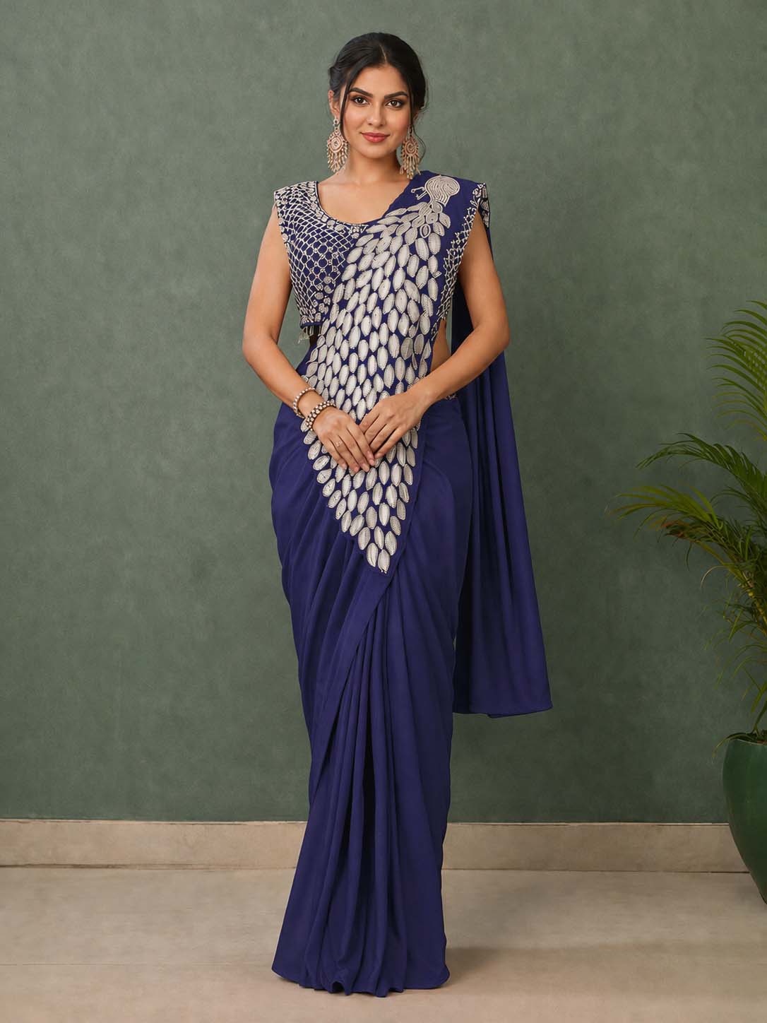 Ready to Wear Silk Crepe Saree with Heavy Embroidery Sequence Work Stitched Blouse
