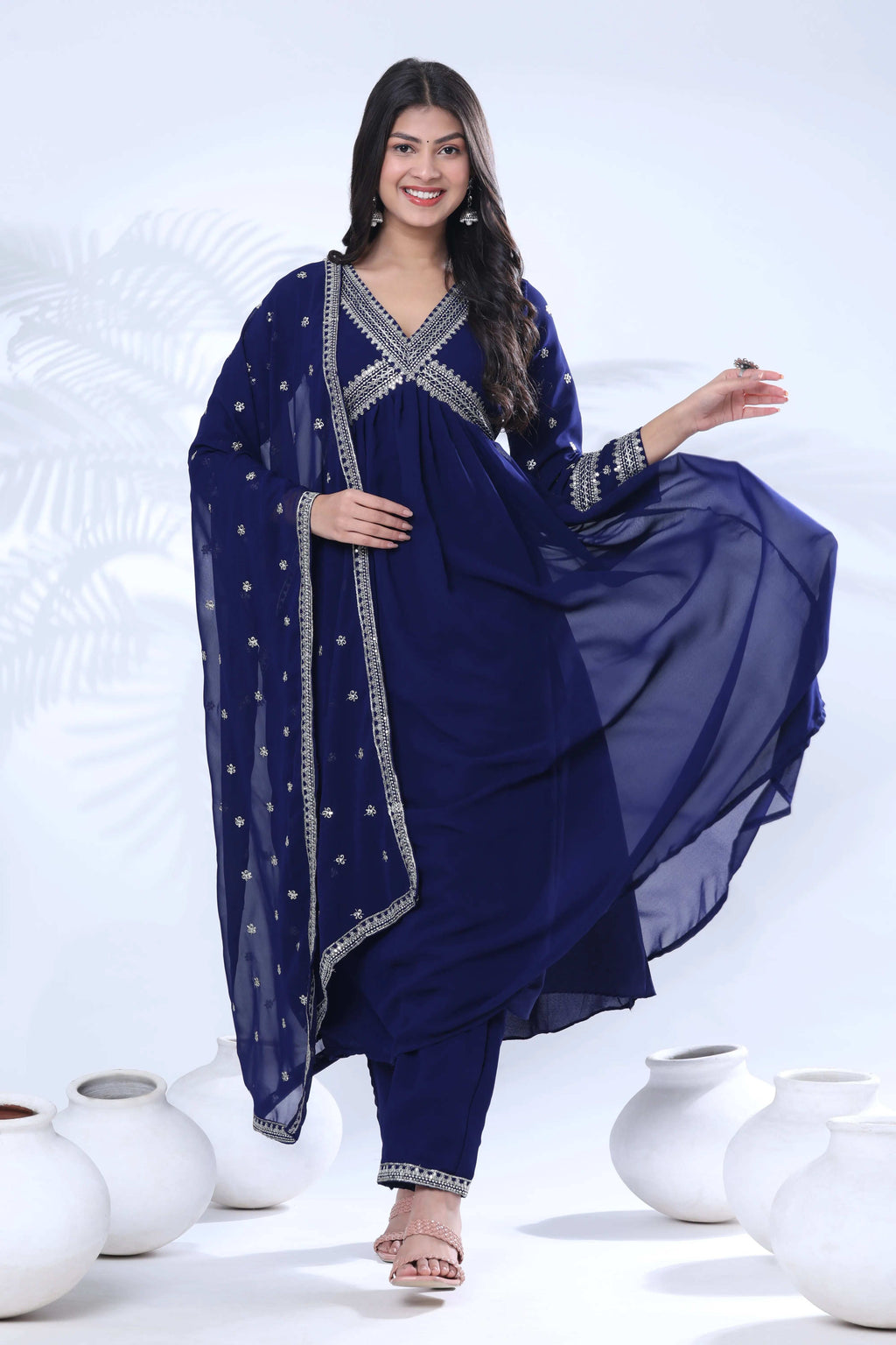 Embroidered Georgette Kurta Pant Set with Dupatta