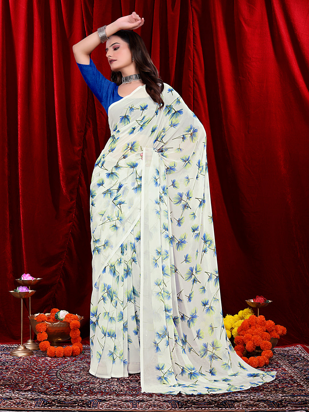 Women's Ready-to-wear Floral Printed Georgette Saree