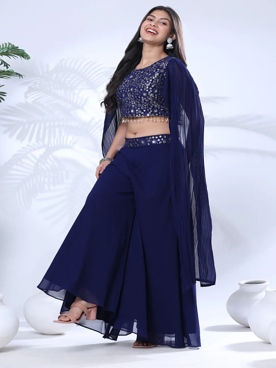 Georgette Floral Embroidered Sequined Crop Top with Palazzo