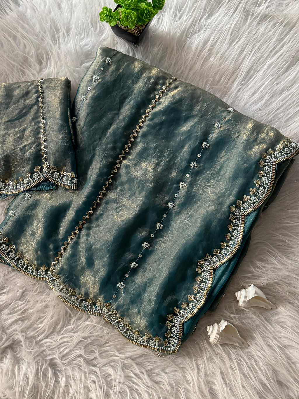 Hand-Embellished Silk Saree with Moti, Cutdana & Sequin Work