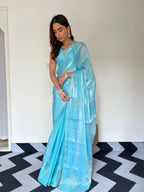 Elegant Floral Tabi Organza Saree with Cut Dana Handwork