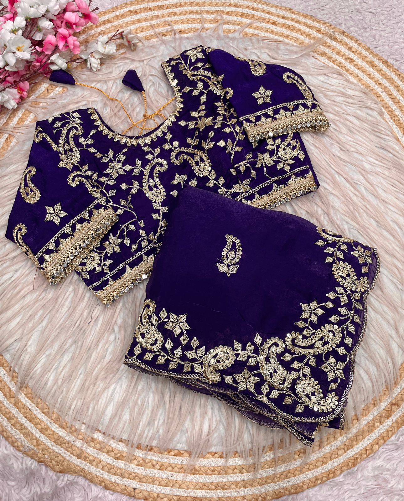 Fendy Satin Embroidered Saree With Butti Work and Stitched Blouse