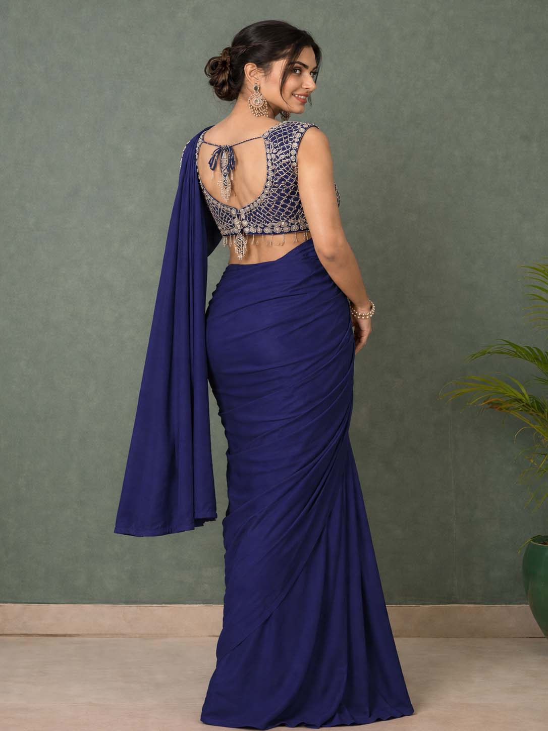 Ready to Wear Silk Crepe Saree with Heavy Embroidery Sequence Work Stitched Blouse