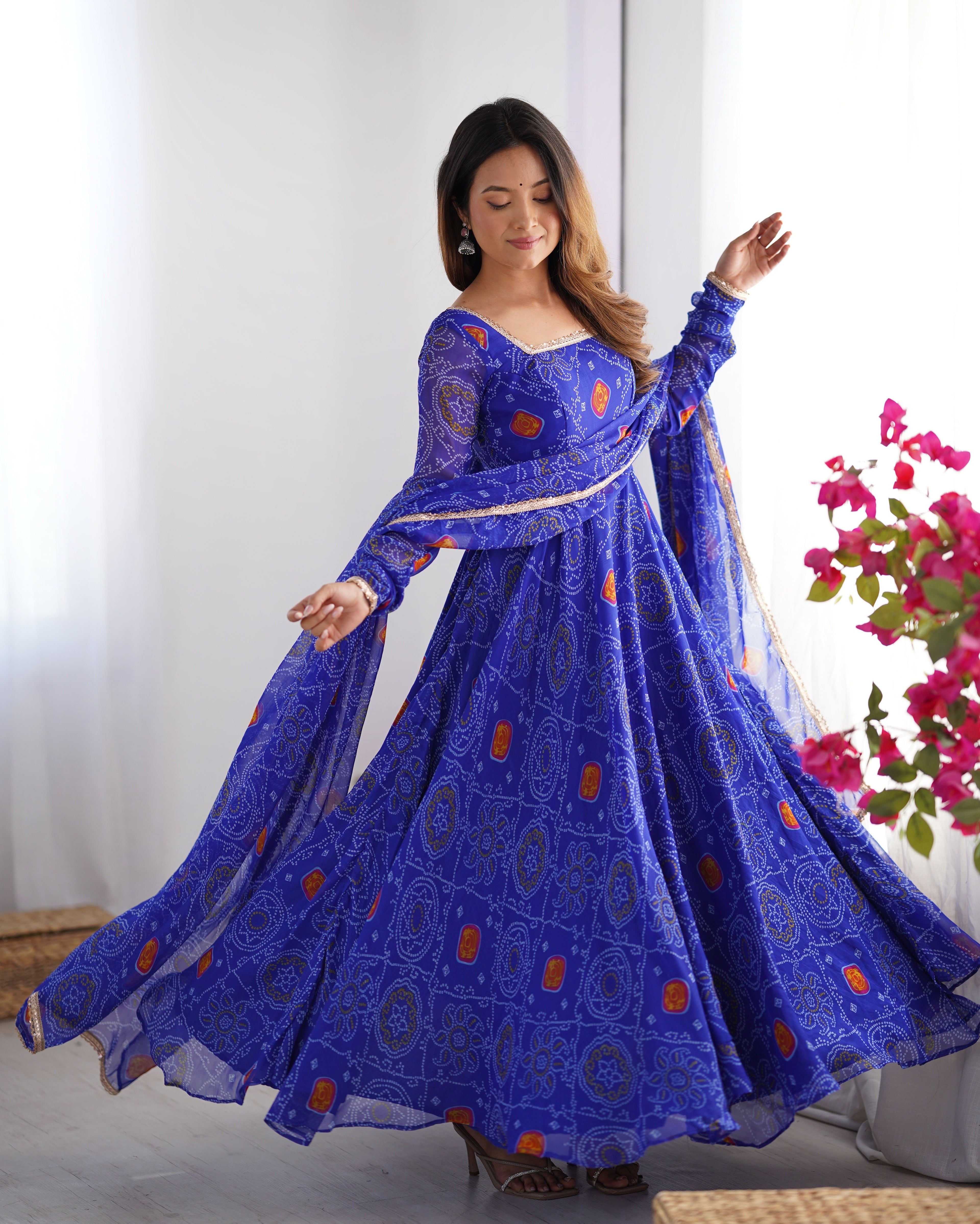 Women Bandhej Printed Chiffon Anarkali Kurta with Dupatta Set