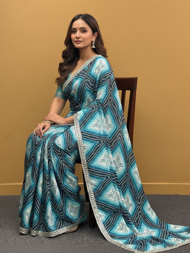 Bandhani Printed Chiffon Saree with Embroidered Border