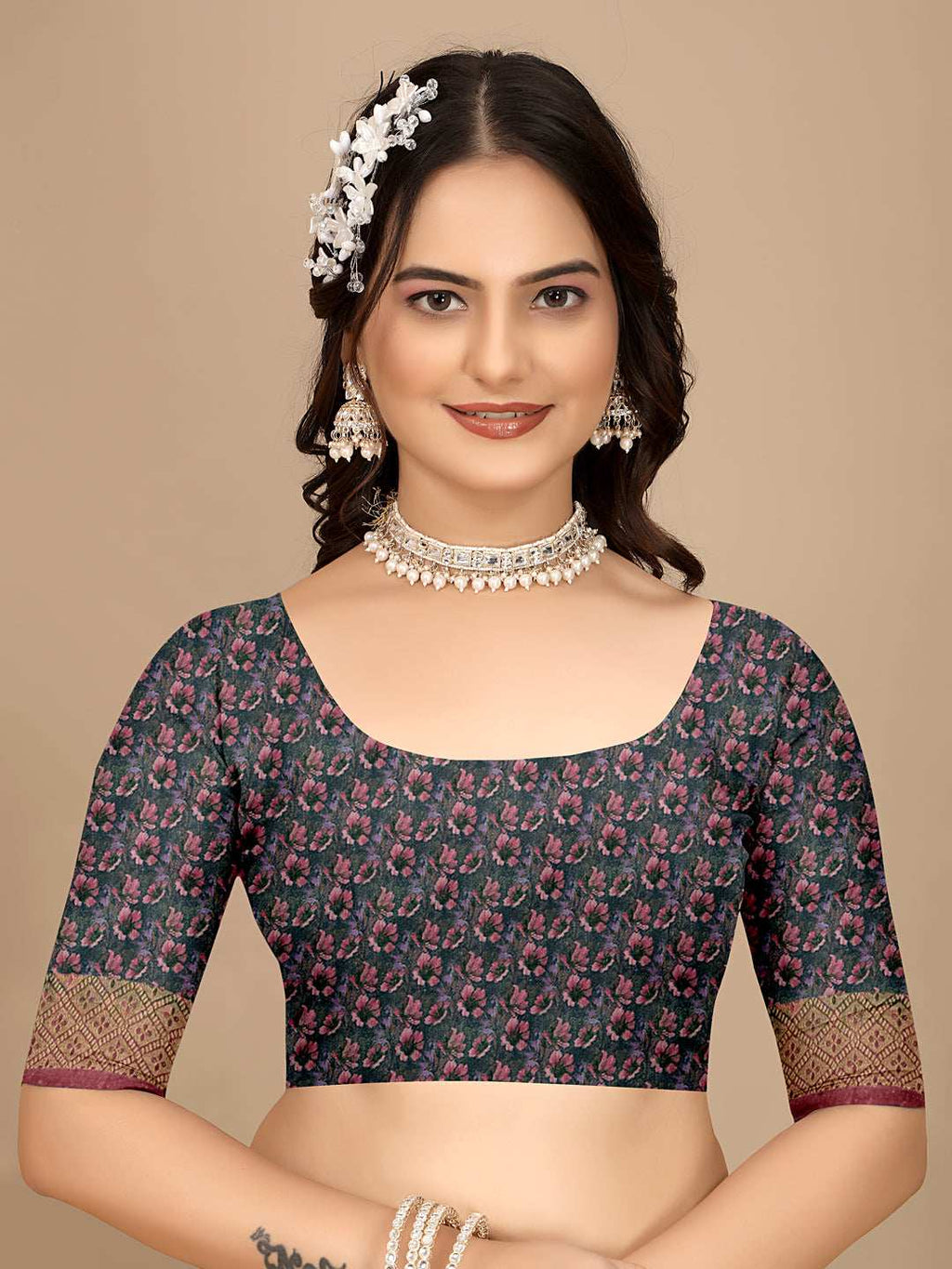 Moss Chiffon Digital Print With Jacquard Border Saree