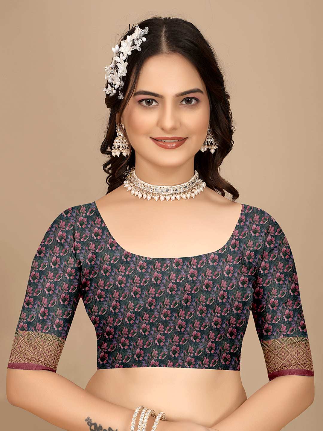 Moss Chiffon Digital Print With Jacquard Border Saree