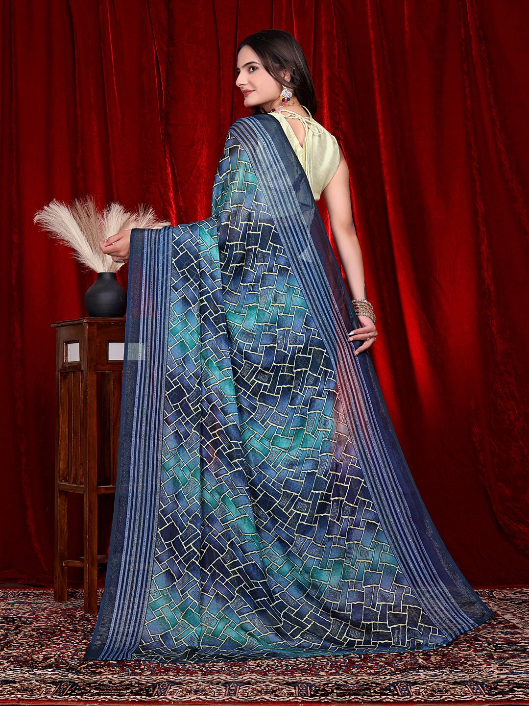 Heavy Chiffon Color Block Printed Ready-to-Wear Saree