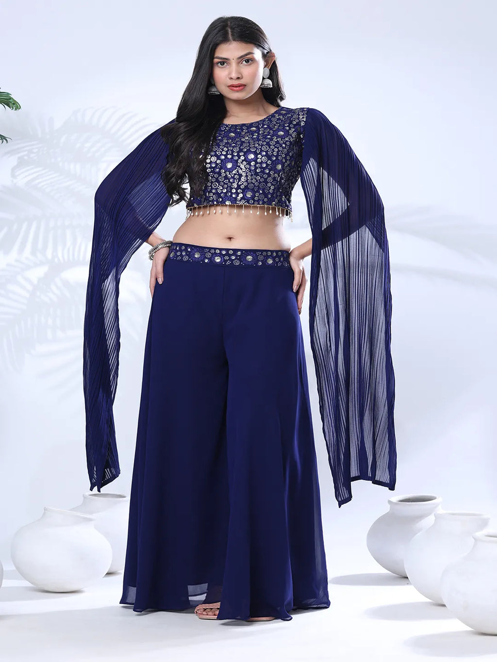 Georgette Floral Embroidered Sequined Crop Top with Palazzo