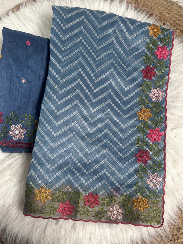 Bandhani Printed Cotton Silk Saree with Embroidery Work