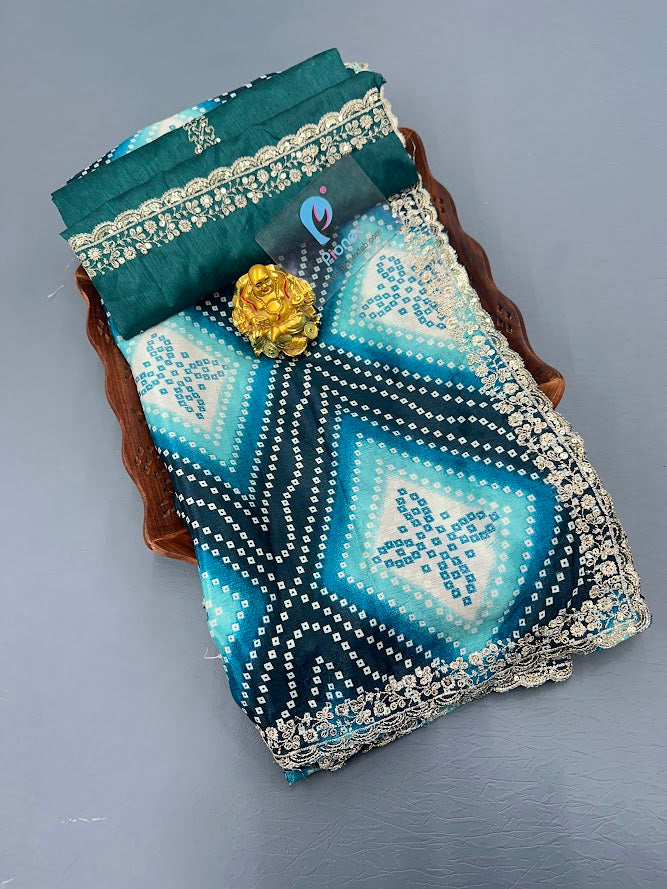 Bandhani Printed Chiffon Saree with Embroidered Border