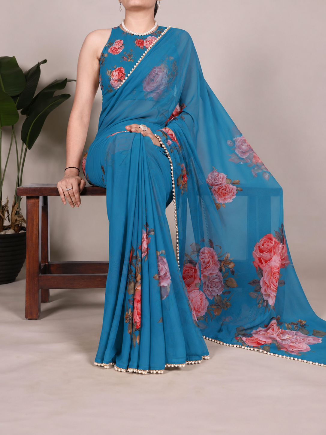 Floral Printed Georgette Saree with Pearls Lace Work Border