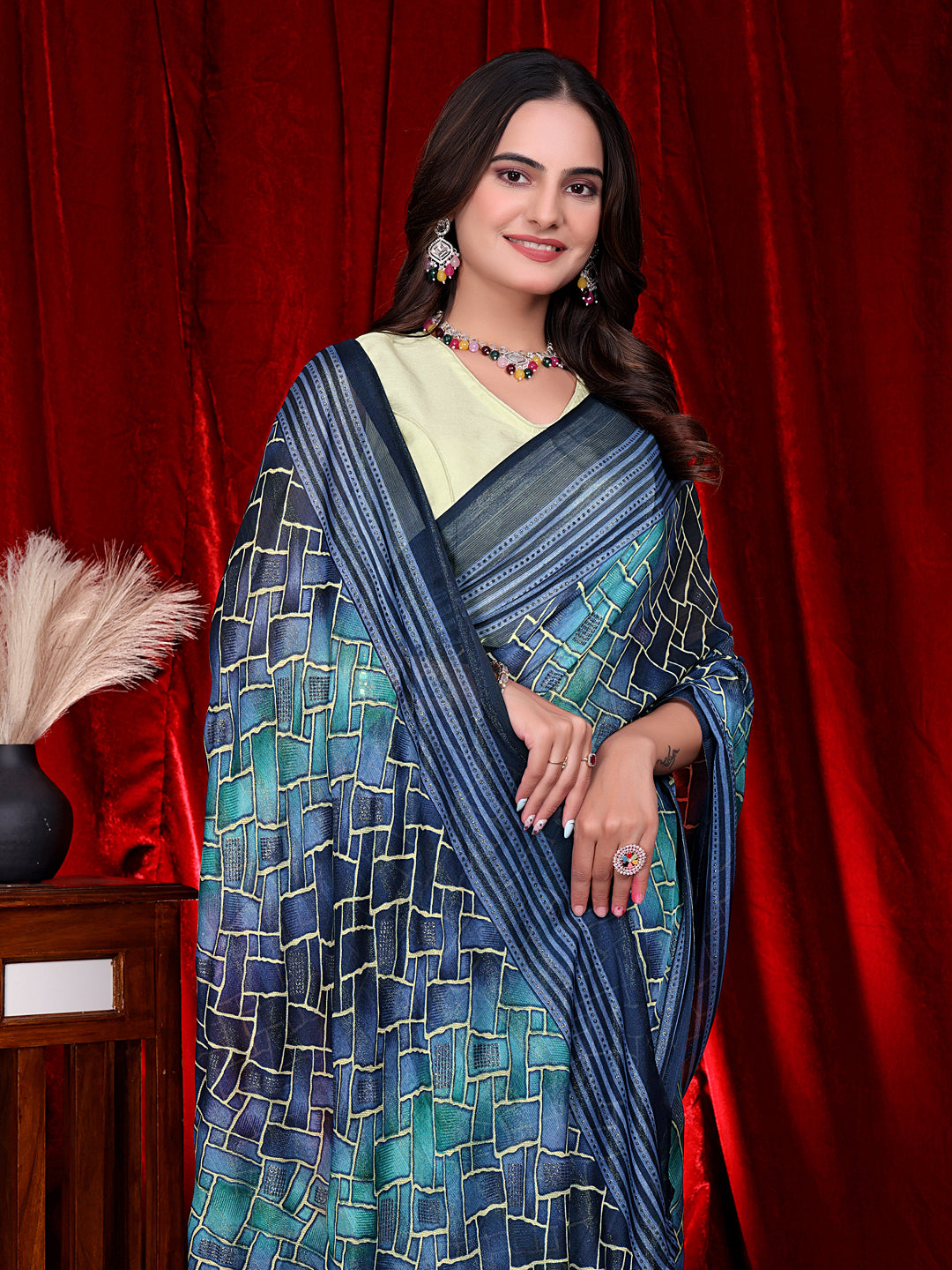 Heavy Chiffon Color Block Printed Ready-to-Wear Saree