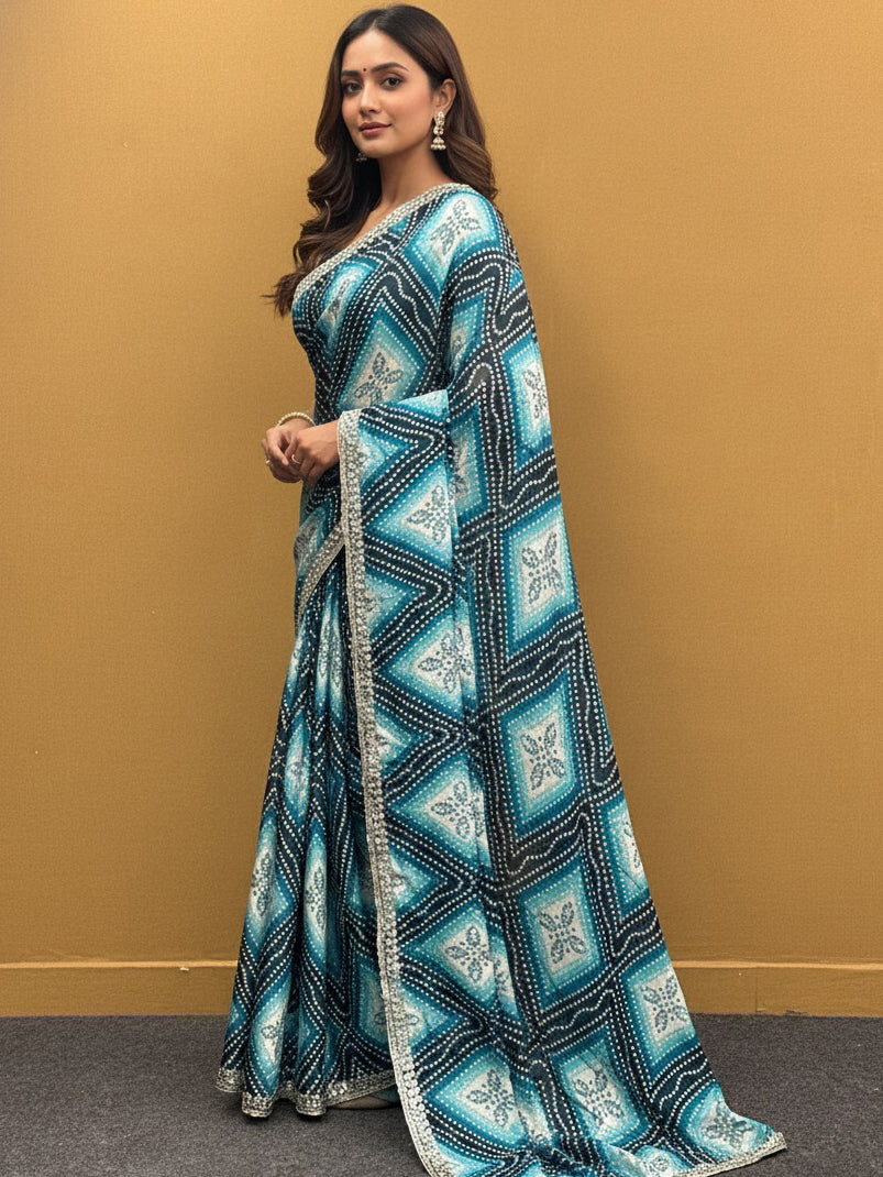 Bandhani Printed Chiffon Saree with Embroidered Border