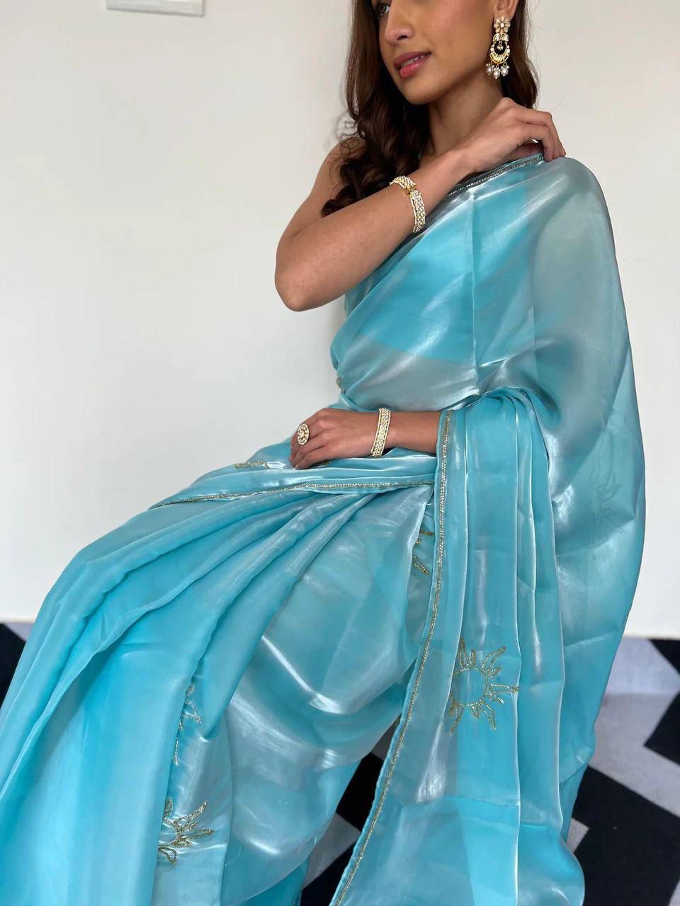 Elegant Floral Tabi Organza Saree with Cut Dana Handwork