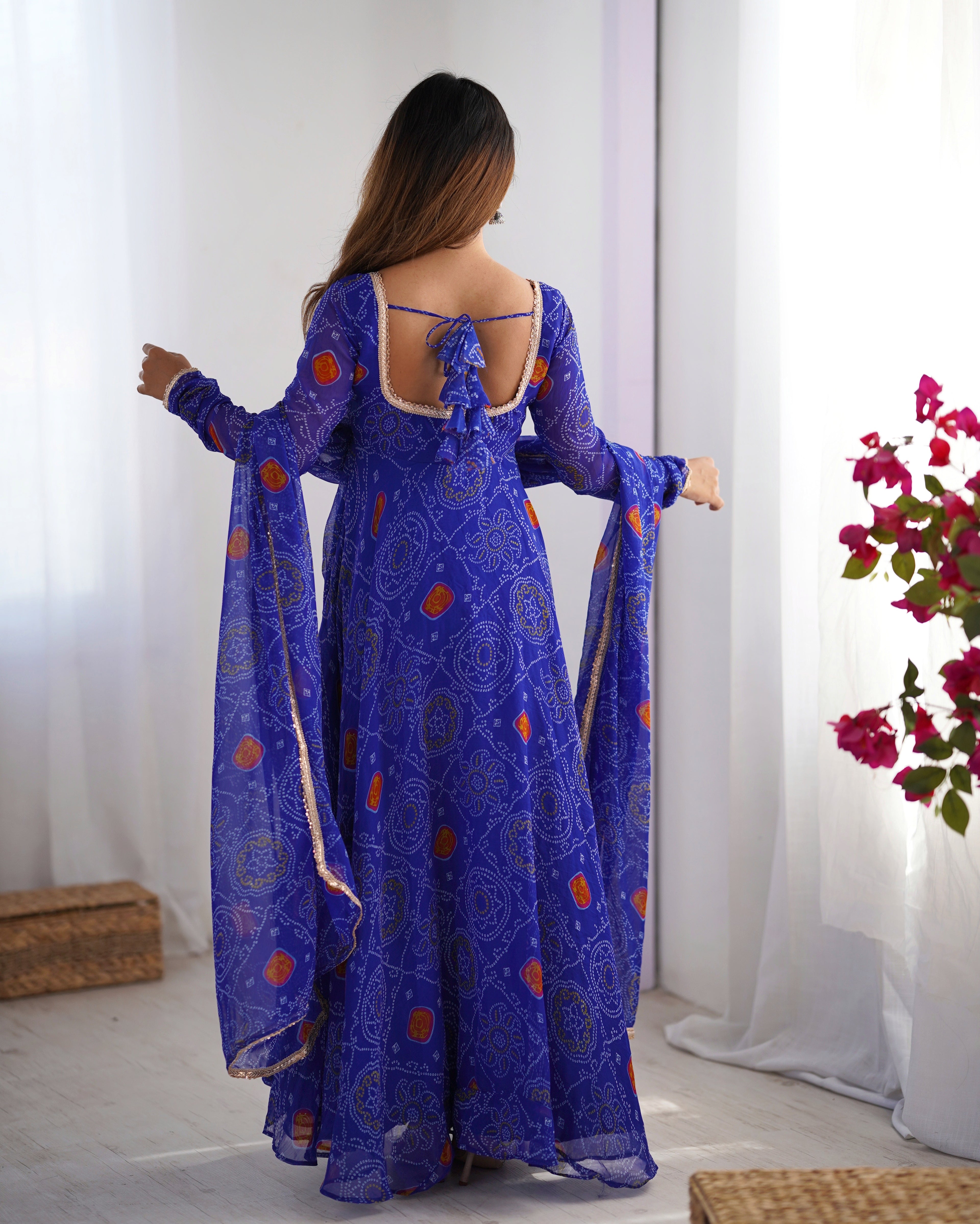 Women Bandhej Printed Chiffon Anarkali Kurta with Dupatta Set