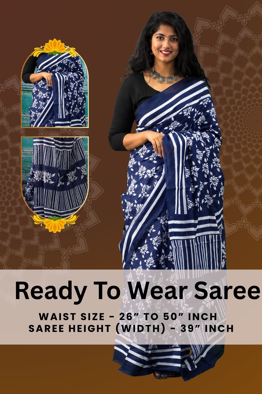 Jaipuri Mul Cotton Ready to Wear Saree for Women | Batik Floral Printed Pre-Draped Pre-Pleated Cotton Saree | Adjustable Waist 26–50 Inch
