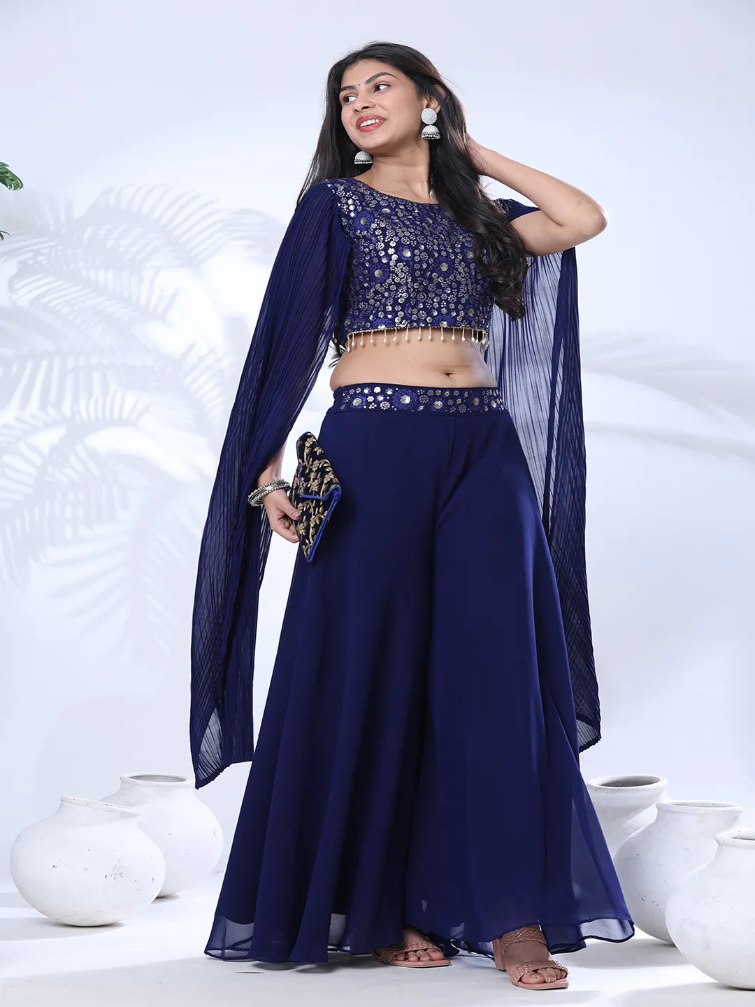 Georgette Floral Embroidered Sequined Crop Top with Palazzo