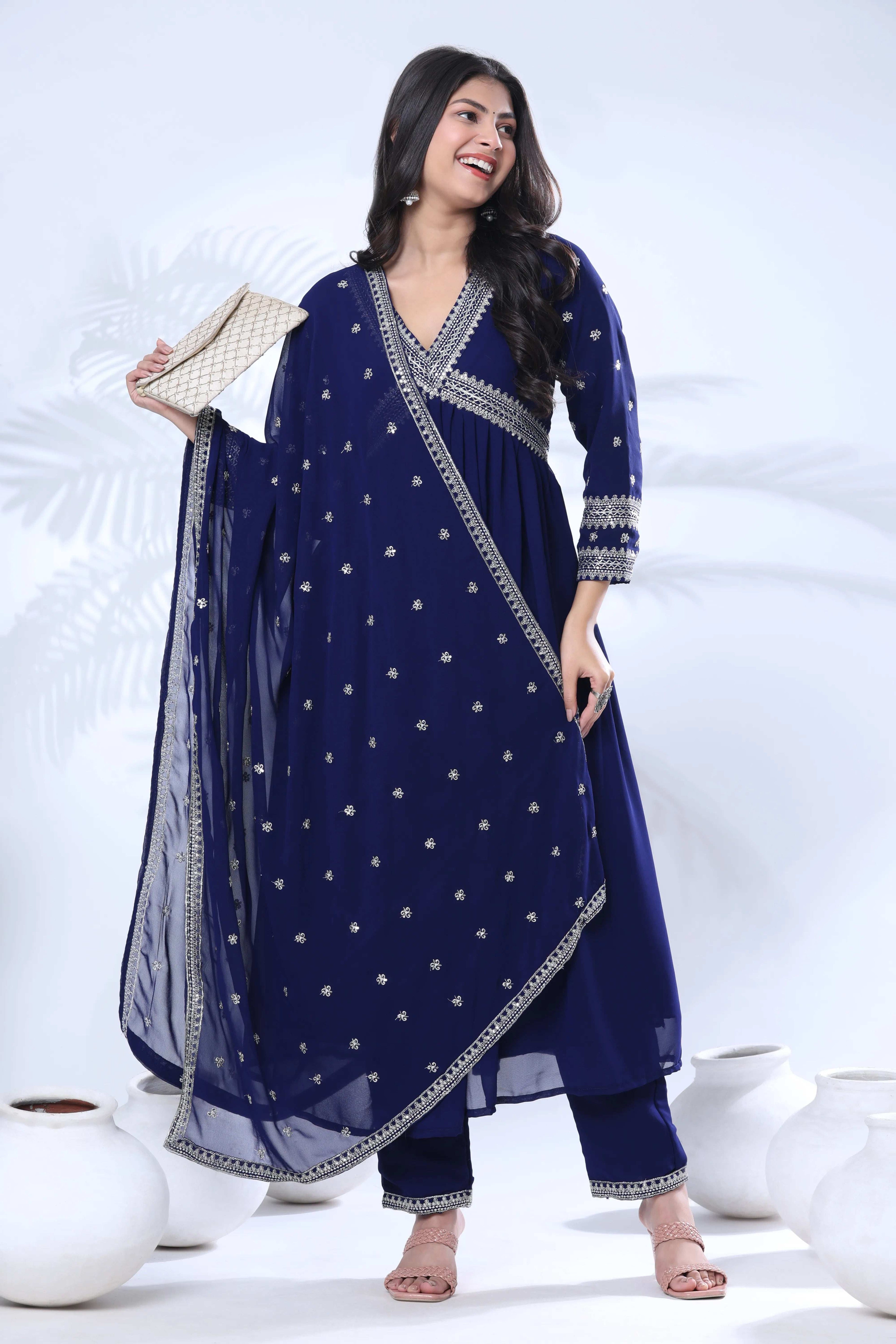 Embroidered Georgette Kurta Pant Set with Dupatta