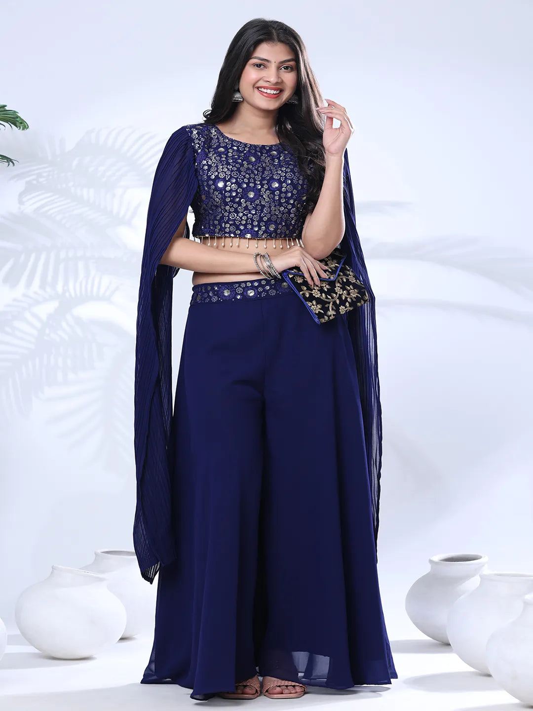 Georgette Floral Embroidered Sequined Crop Top with Palazzo