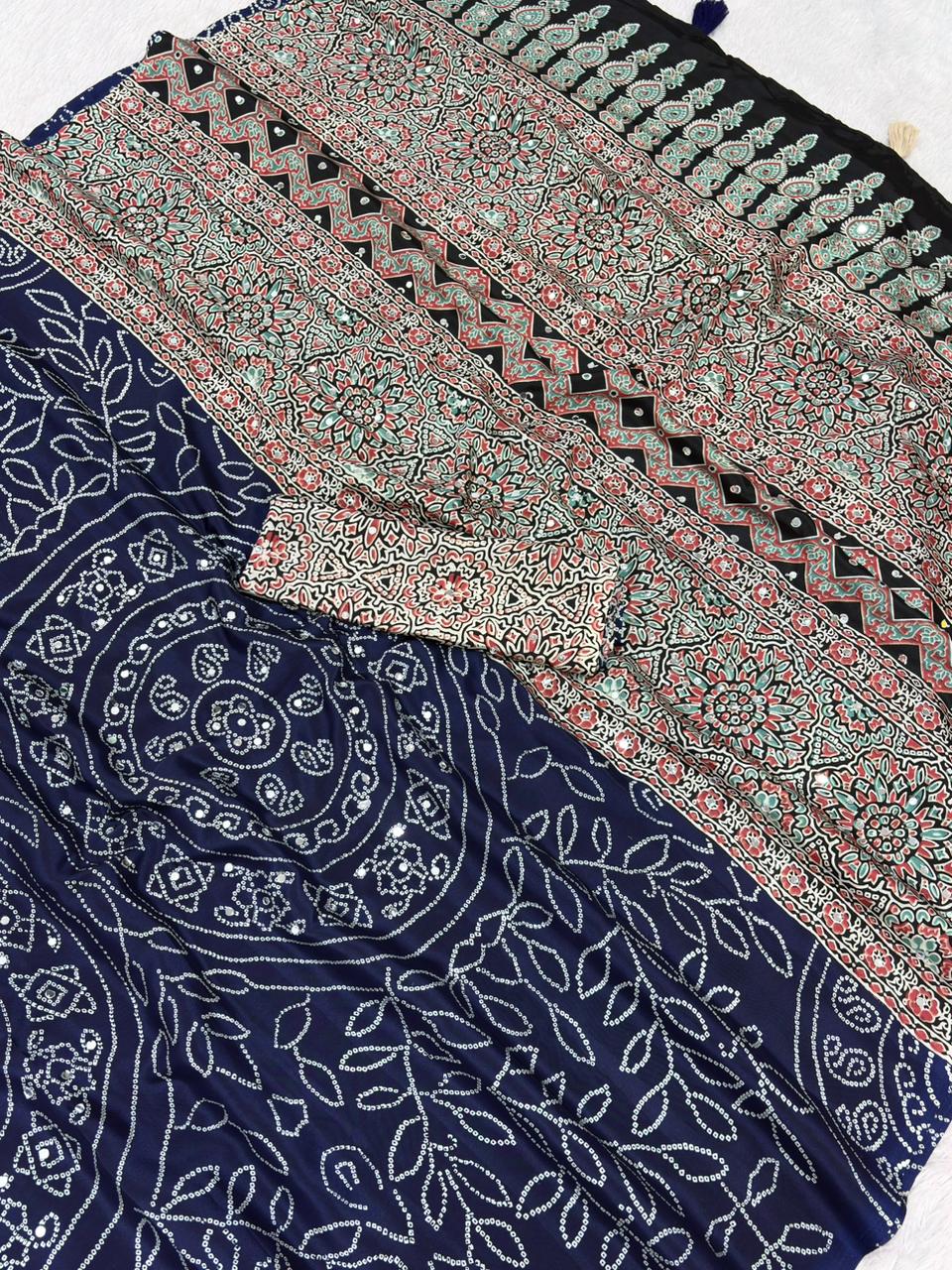 Soft Satin Ajrakh Printed Mirror Work Saree with Lace Border