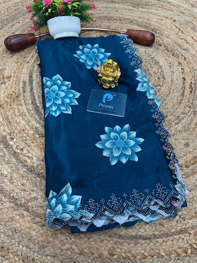 Printed Chinon Saree with Sparkling Siroksi Diamond Work Border