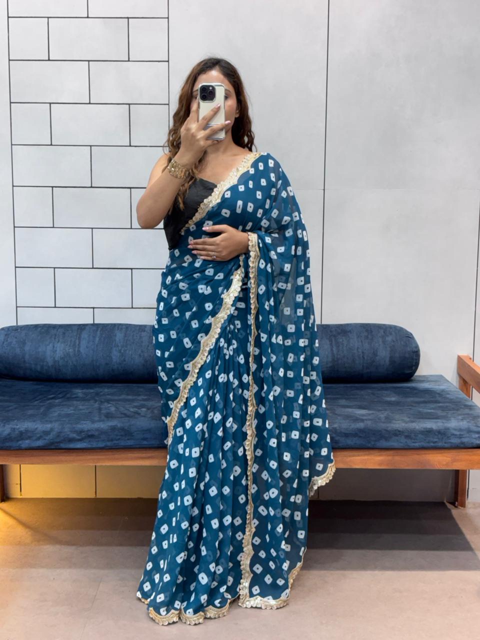 Elegant Leriya Print Georgette Saree with Embroidery Sequence Lace