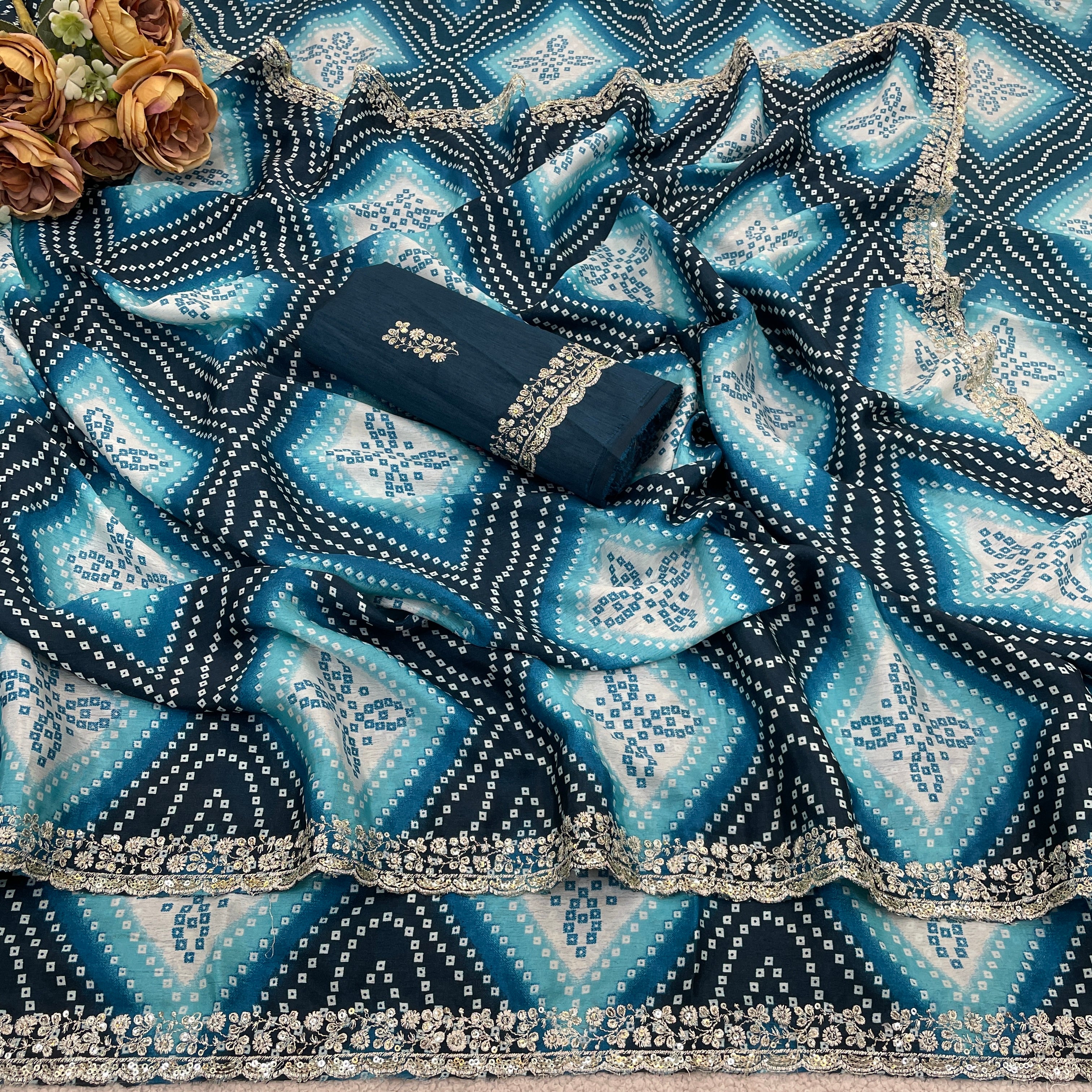 Bandhani Printed Chiffon Saree with Embroidered Border