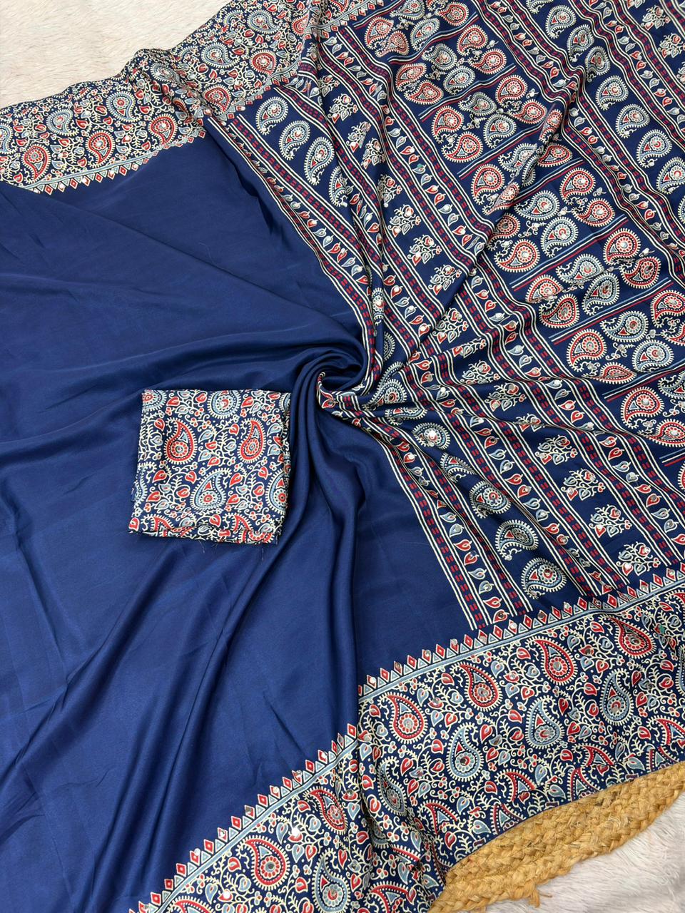 Soft Satin Ajrakh Printed Saree with Mirror Work