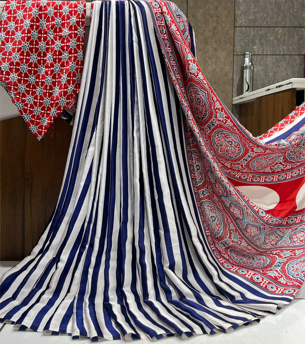 Printed Satin Saree with Unstitched Blouse Piece