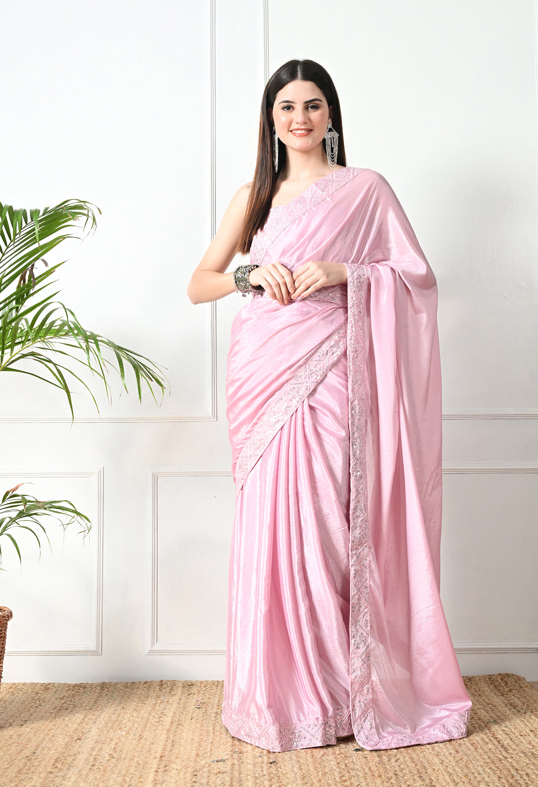 Chinon Solid Saree with Embroidered Lace Border