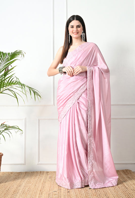 Chinon Solid Saree with Embroidered Lace Border