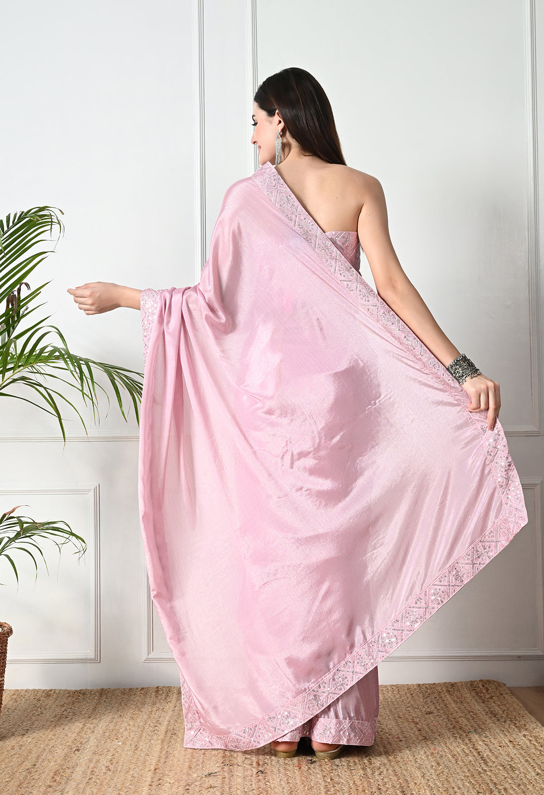 Chinon Solid Saree with Embroidered Lace Border