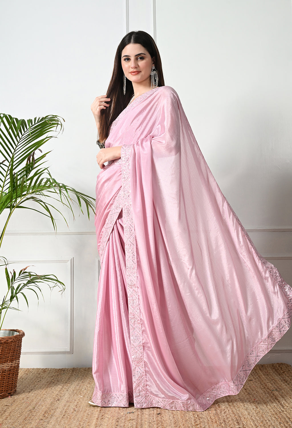 Chinon Solid Saree with Embroidered Lace Border