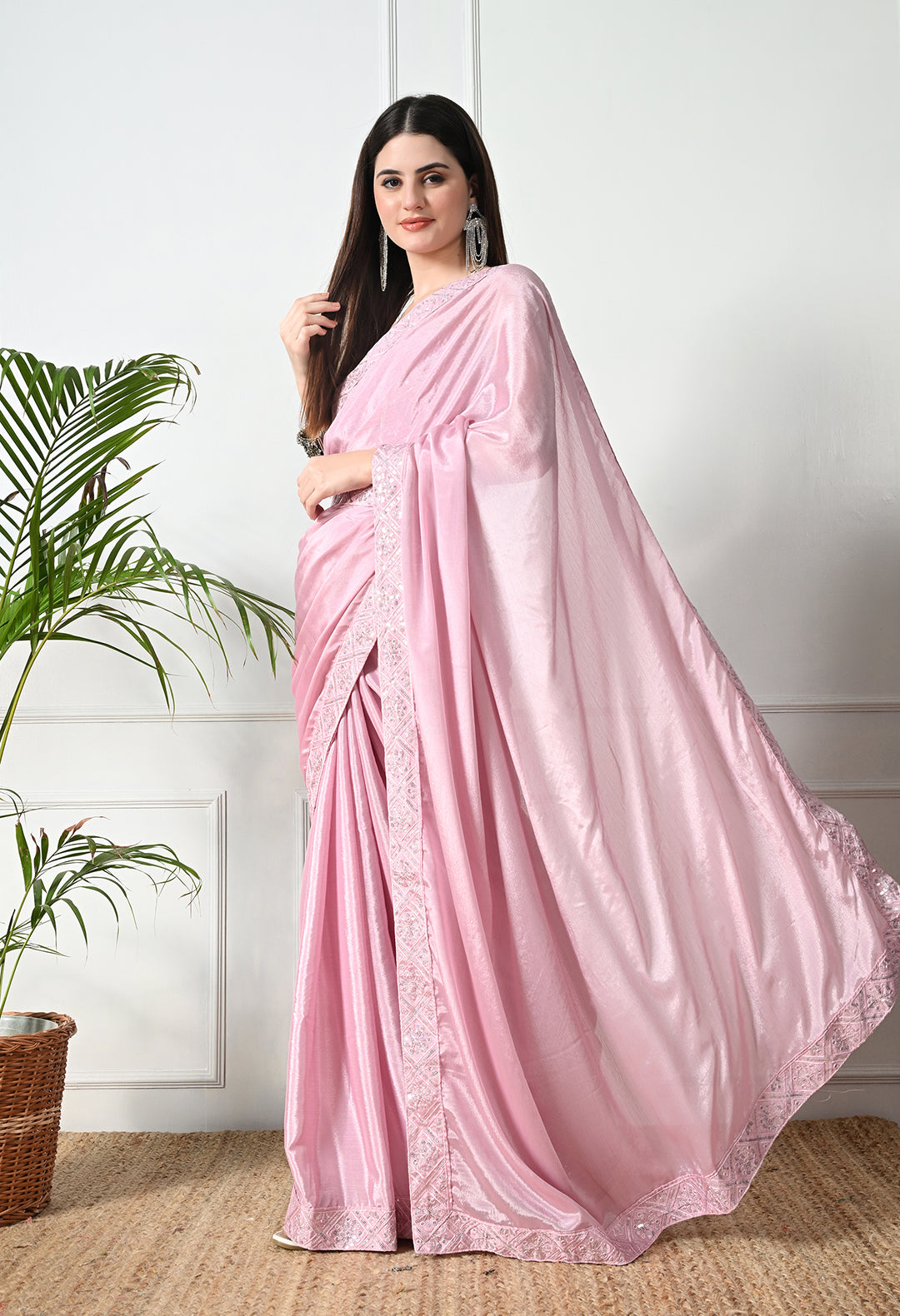 Chinon Solid Saree with Embroidered Lace Border