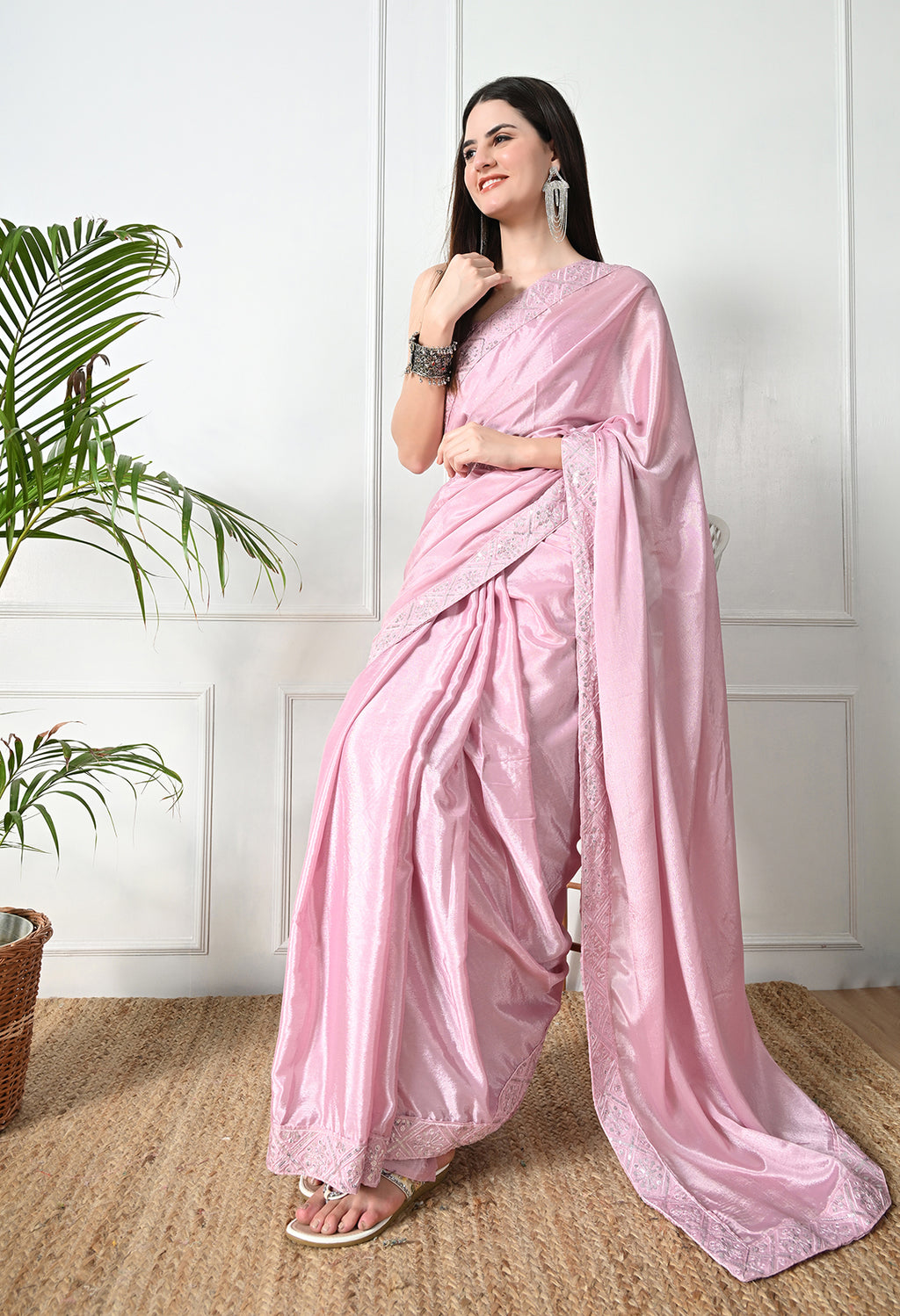 Chinon Solid Saree with Embroidered Lace Border