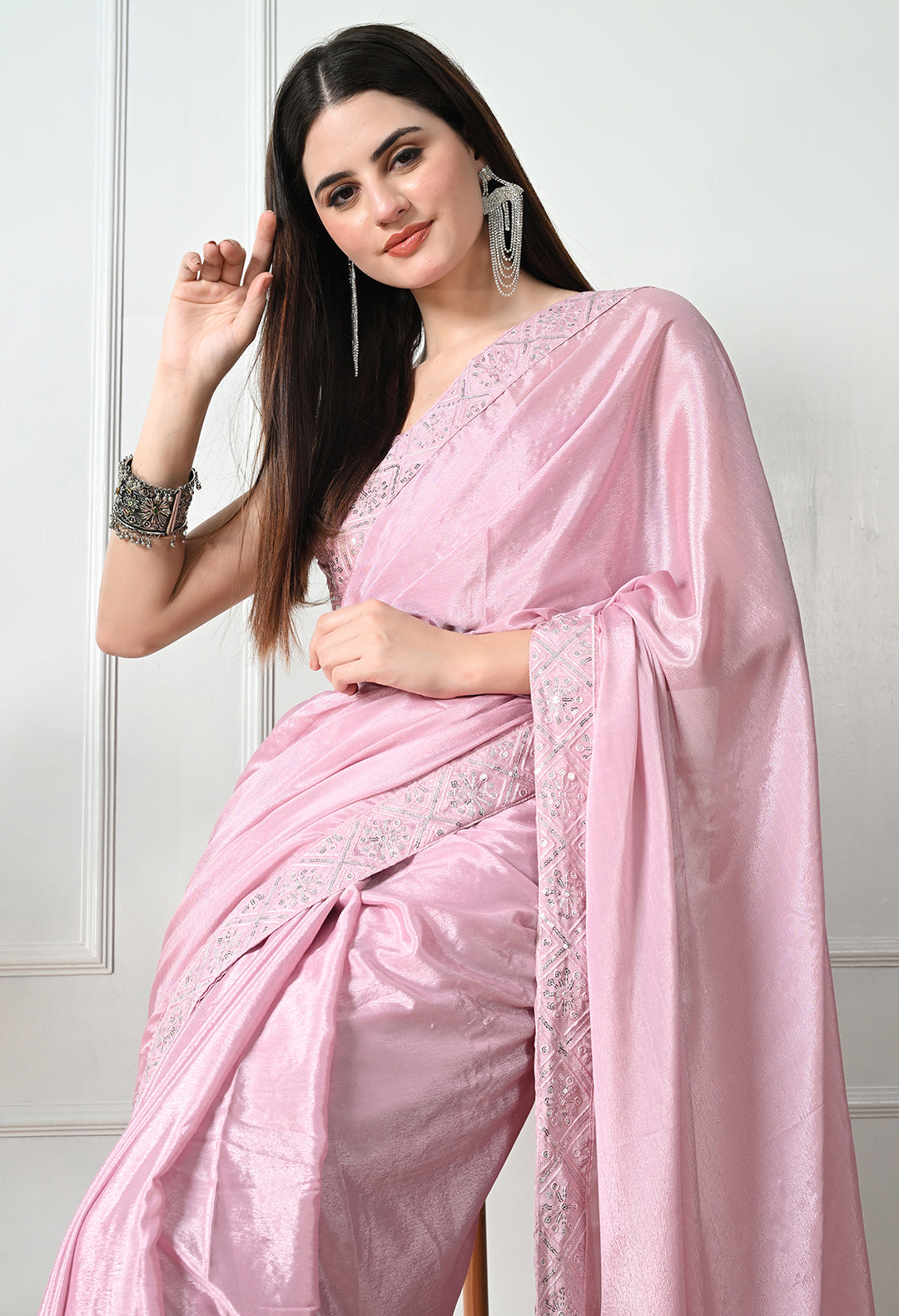 Chinon Solid Saree with Embroidered Lace Border