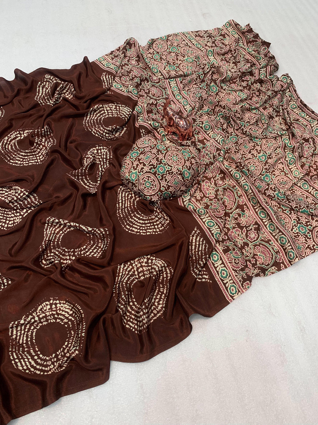 Satin Silk Saree with Ajrakh-Inspired Print & Circular Pallu Design
