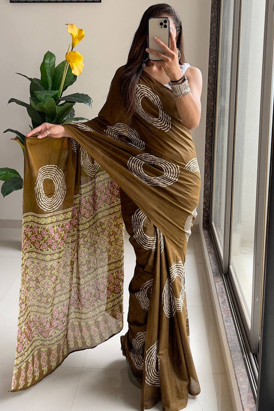 Ajrakh Bandhej Printed Mulmul Cotton Saree for Woman