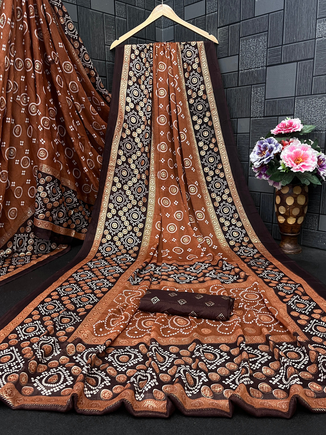 Bandhani Print Moss Chiffon Saree with Foil Accents and Matching Blouse Piece