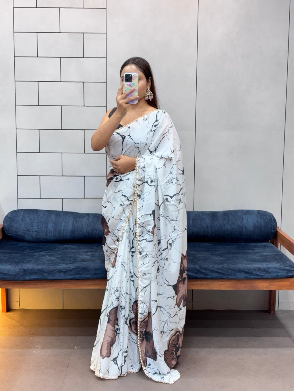 Elegant Floral Shibori Print Saree with Pearl Moti Lace and Black Satin Blouse