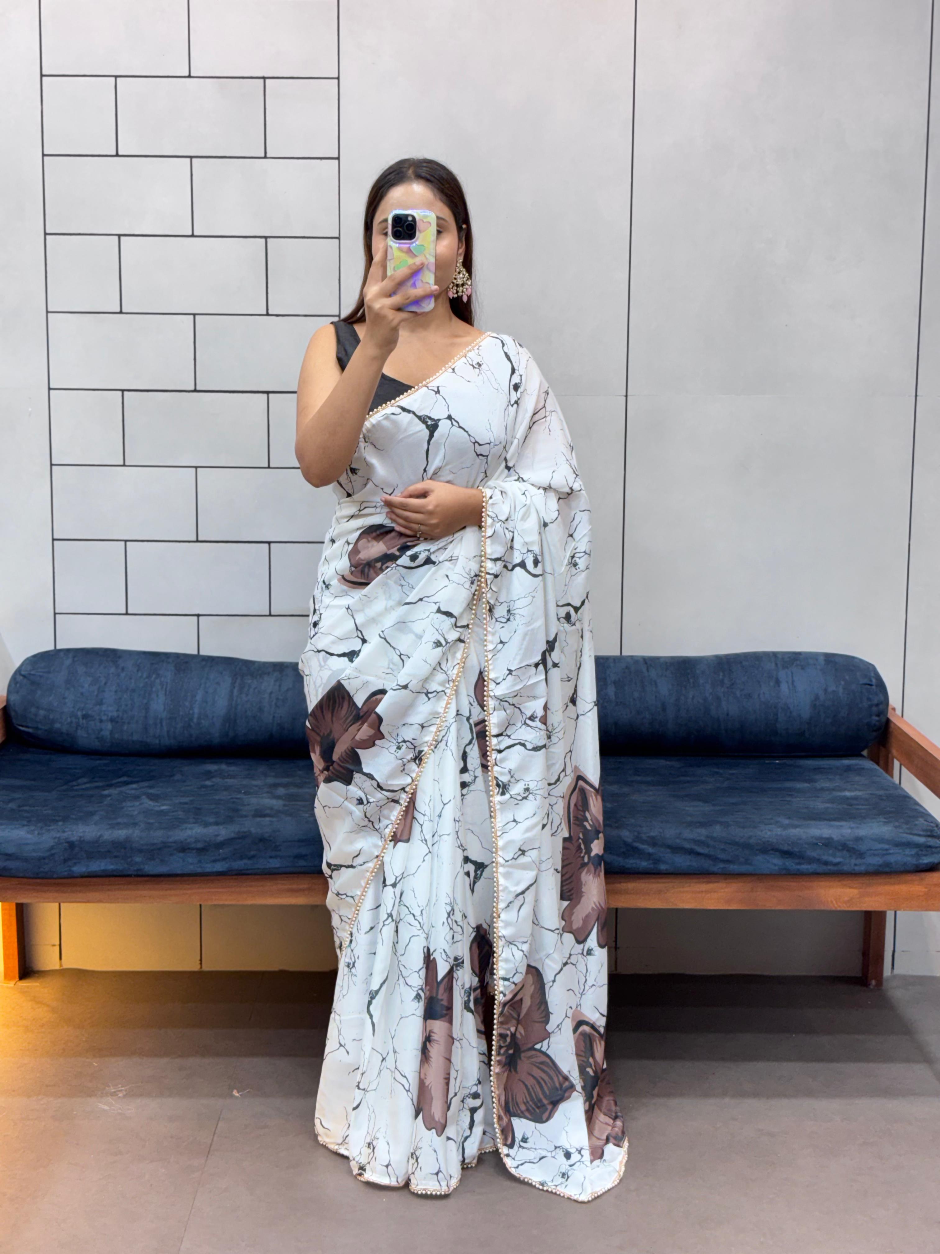 Elegant Floral Shibori Print Saree with Pearl Moti Lace and Black Satin Blouse