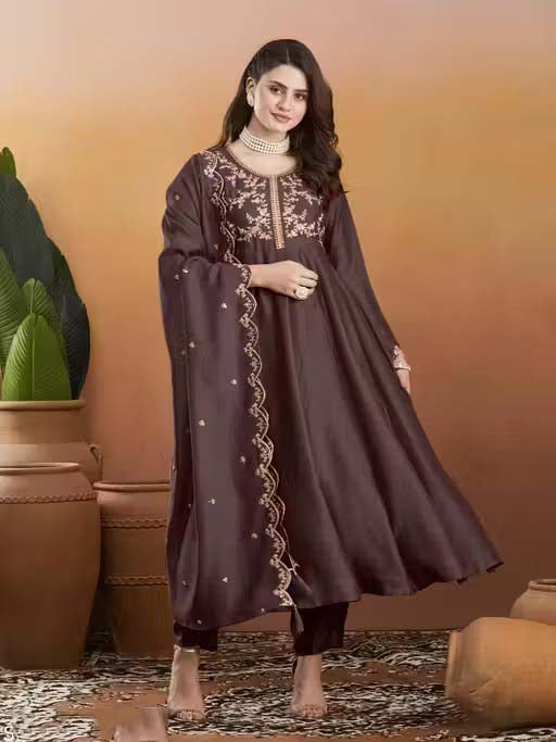 Silk Embroidered Anarkali Kurta, Pant & Dupatta Set
