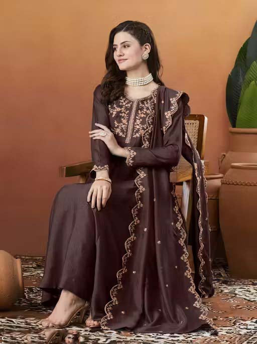 Silk Embroidered Anarkali Kurta, Pant & Dupatta Set