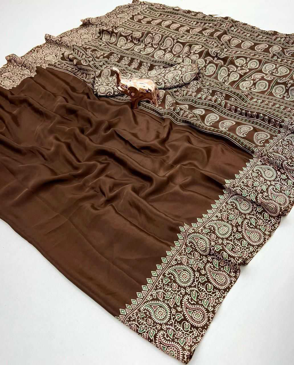 Soft Modal Silk Natural Ajrakh Printed Saree with Unstitched Blouse