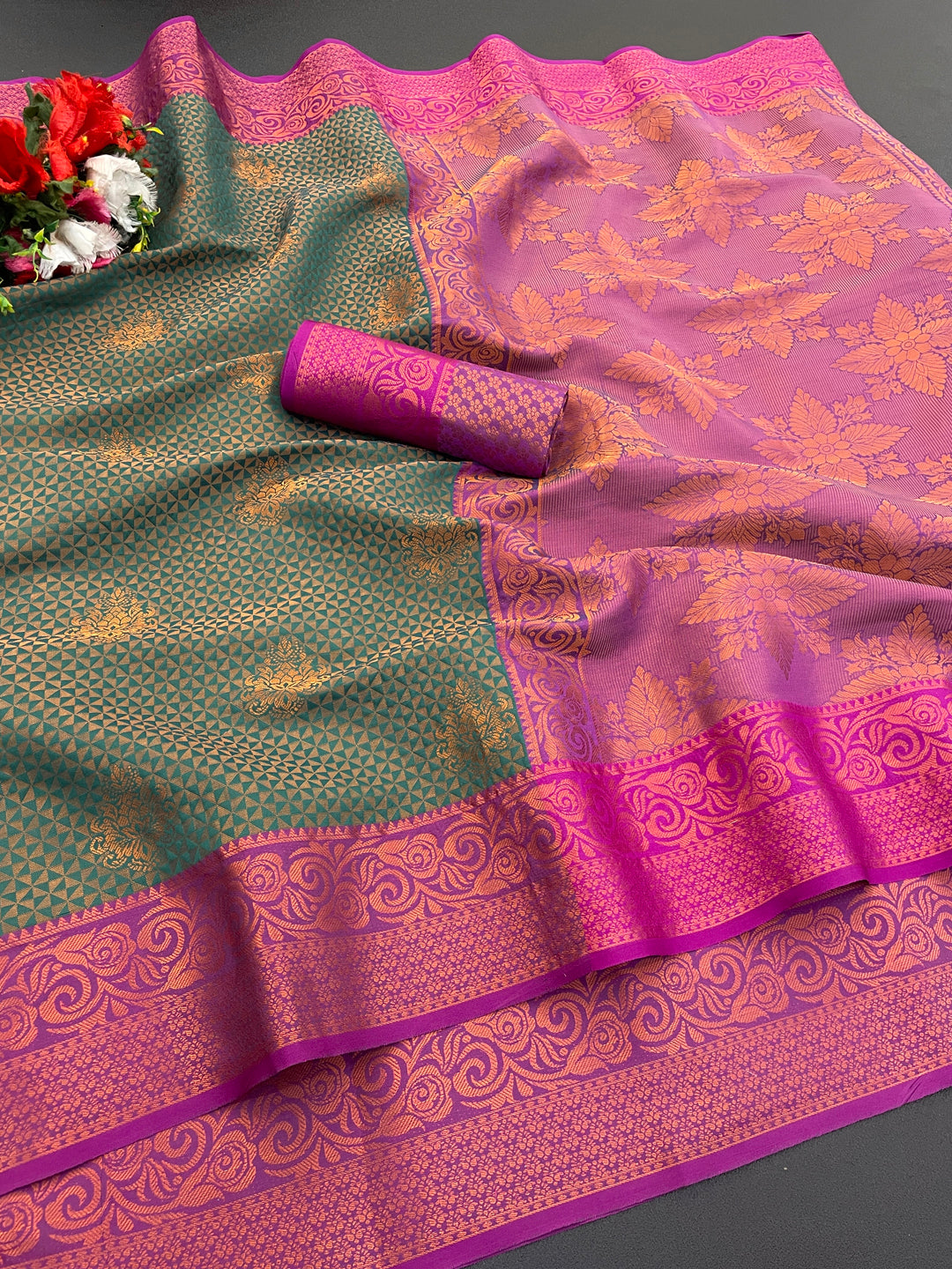 Woven Kanjivaram Soft Silk Copper Rich Pallu Saree