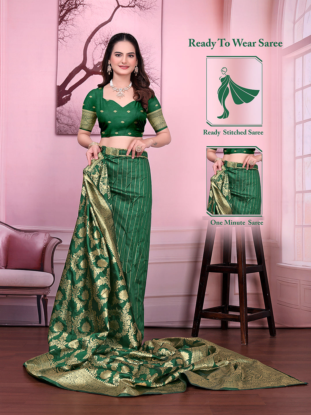 Ready to Wear Banarasi Jacquard Floral Print Party Saree with Unstitched Blouse