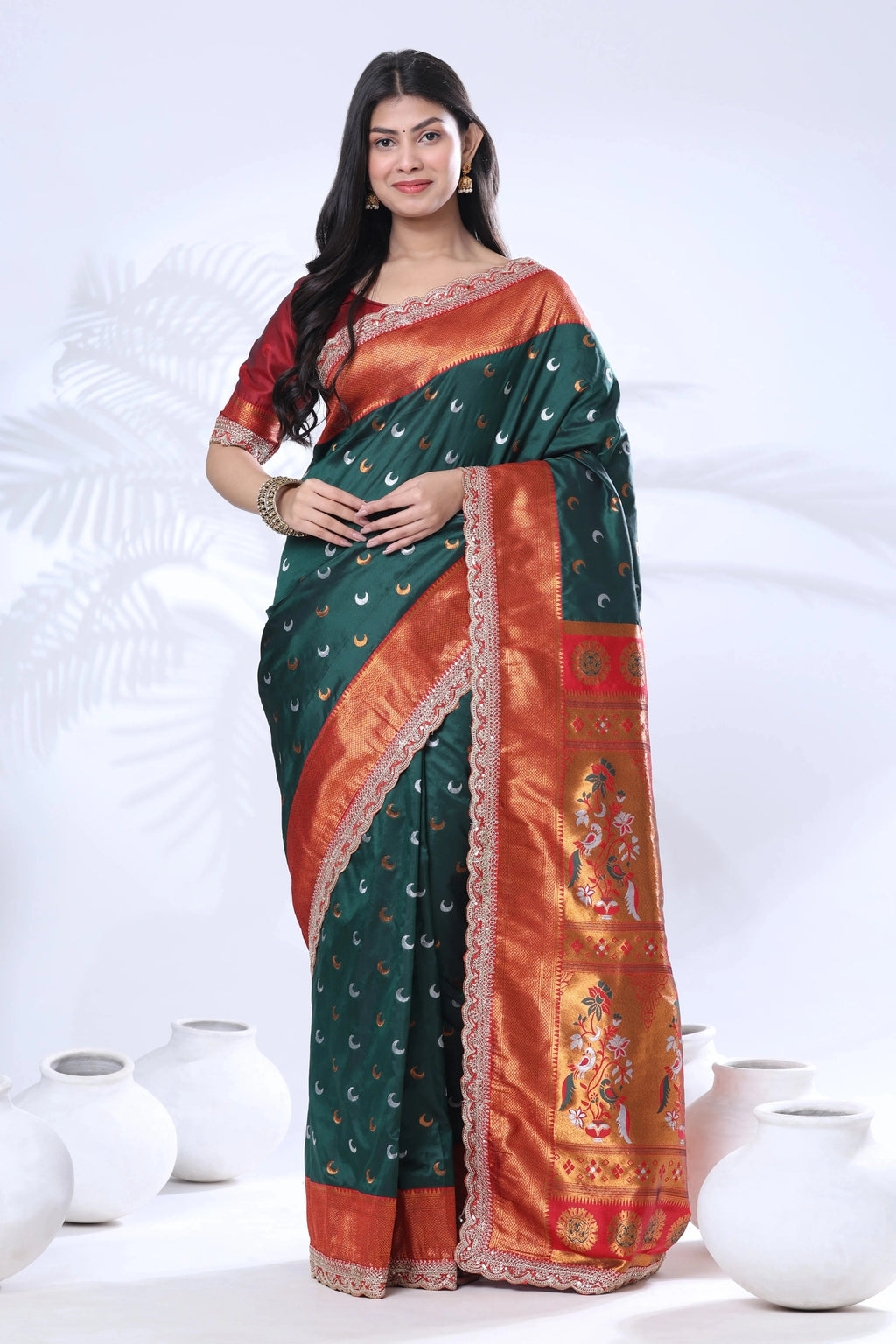 Paithani Pure Silk Embroidery Lace Border Green Saree
