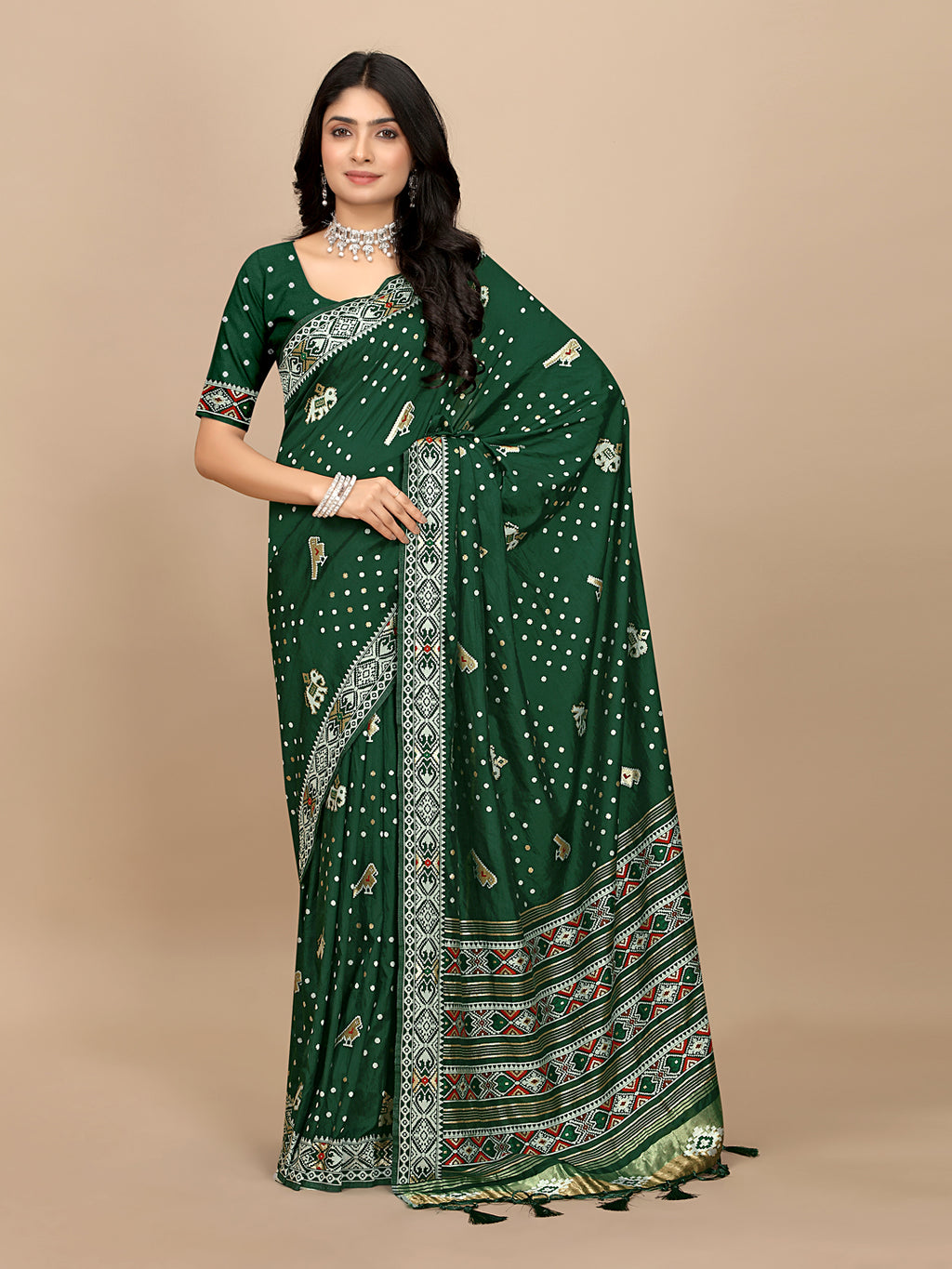 Patola Print Cotton Silk Saree with Tassel Border Pallu